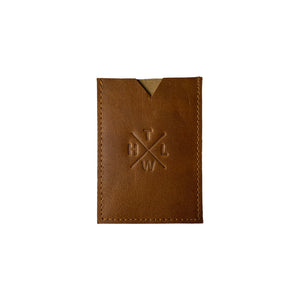 Brown leather cardholder with a logo on a white background