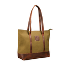 Green tote bag with brown leather accents on a white background