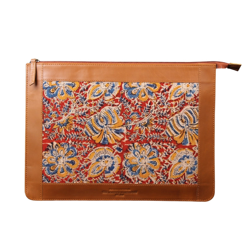sleeve with floral pattern and brown leather edges on a white background