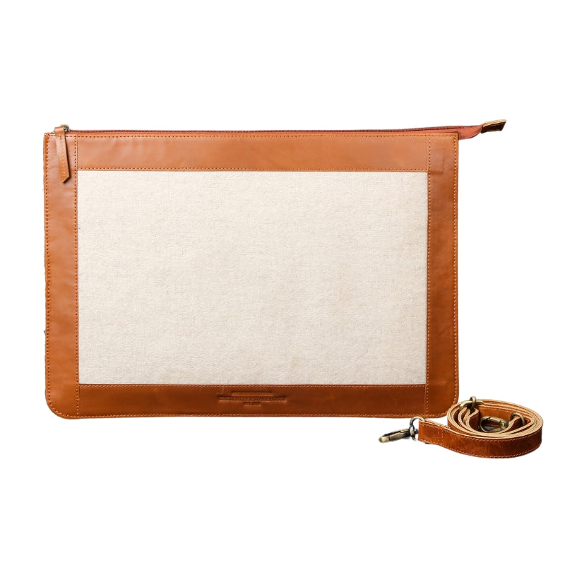 sleeve with tan leather trim and white fabric interior on a white background