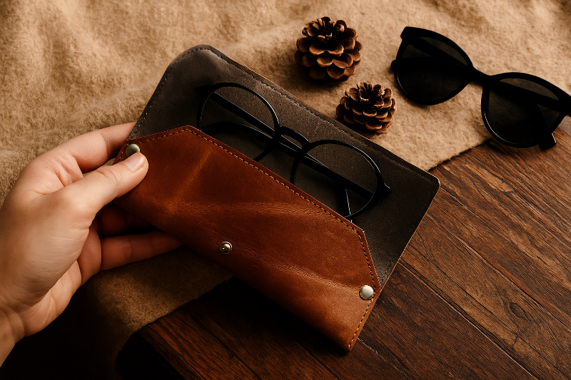 Hand holding a brown leather case with sunglasses on a wooden surface