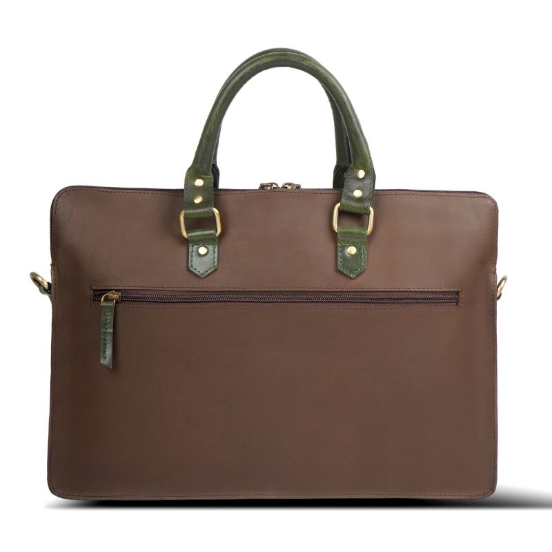 Chocolate Brown leather briefcase with green handles and trim on a white background