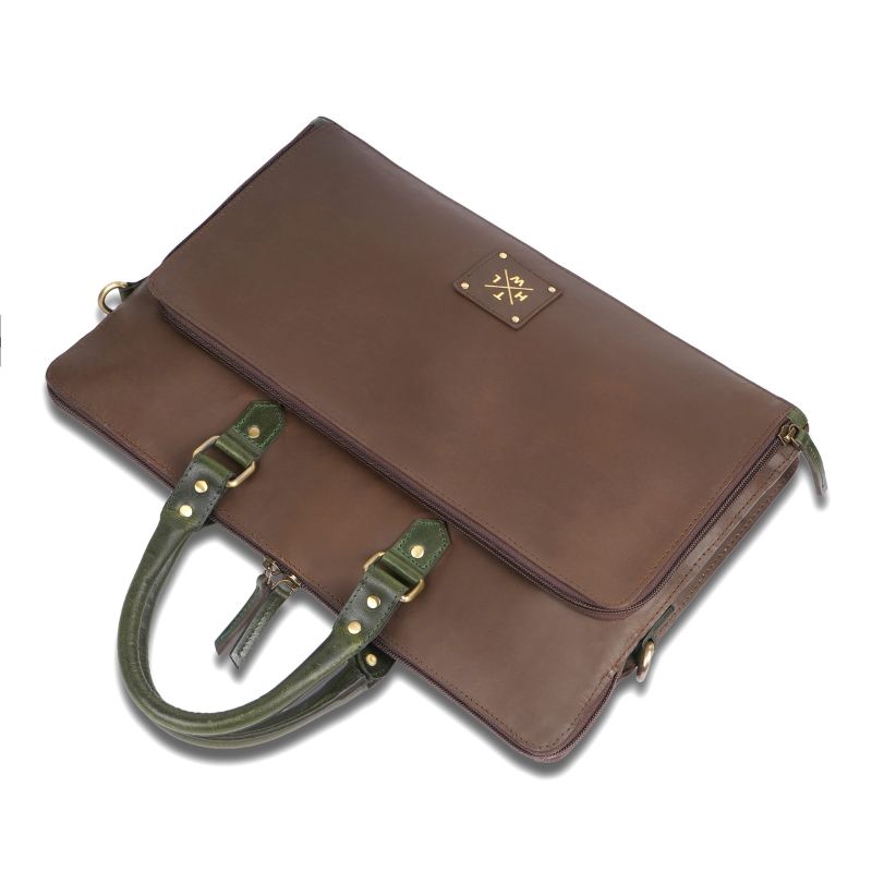 Chocolate Brown leather briefcase with green handle on a white background