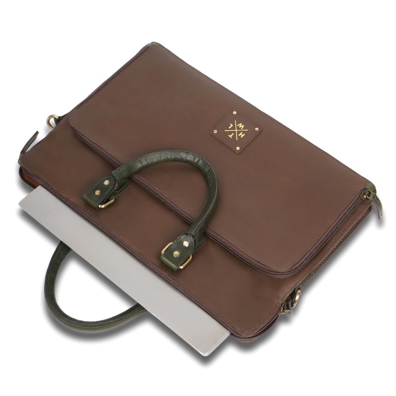 Chocolate Brown leather briefcase with green handle on a white background