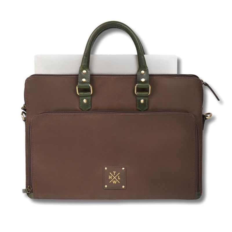 Chocolate Brown leather briefcase with green handle on a white background