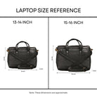 Laptop size chart with two black bags for 13-14 and 15-16 inch laptops.