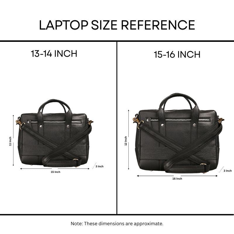 Laptop size chart with two black bags for 13-14 and 15-16 inch laptops.