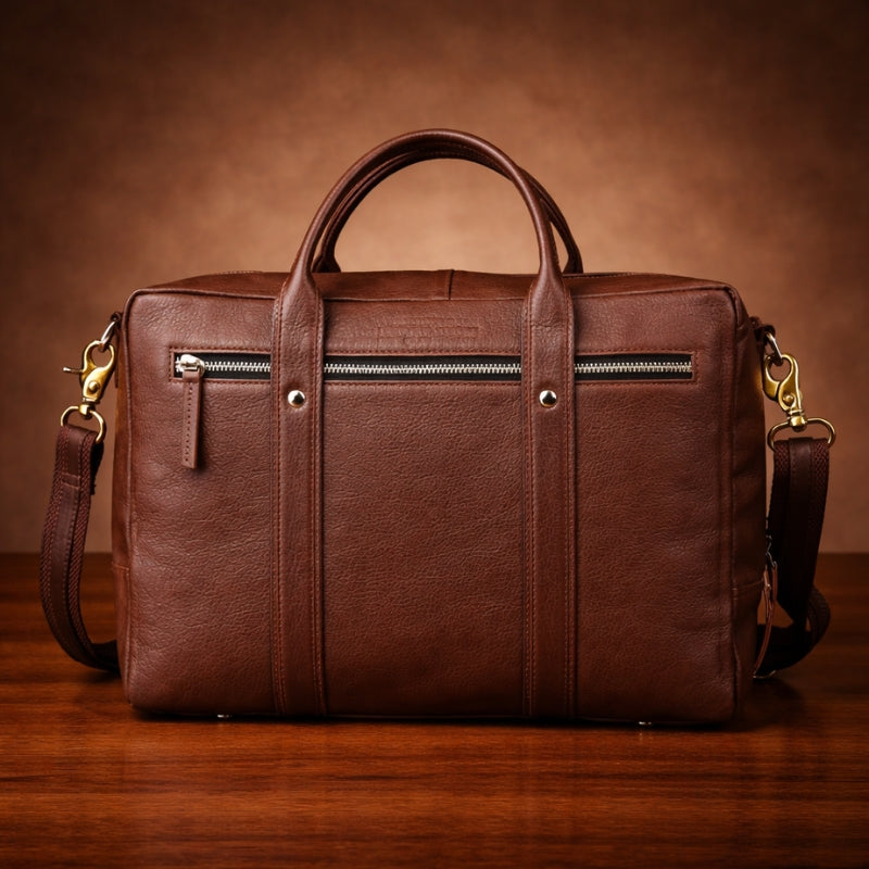 Brown leather bag with gold hardware on a wooden surface and brown background