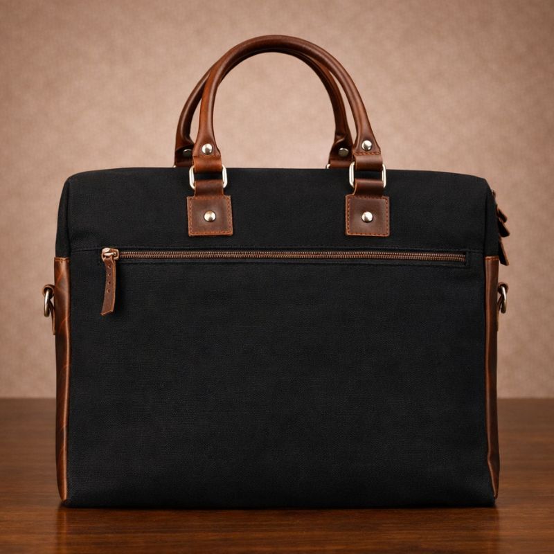 Black canvas  bag with brown leather handles and trim on a wooden surface.