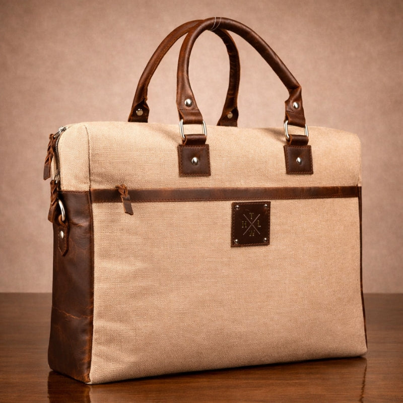Beige canvas and brown leather briefcase on a wooden surface with a beige background