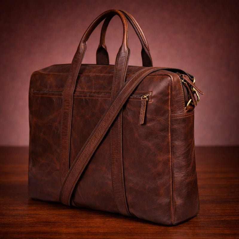 Brown leather bag with a shoulder strap on a wooden surface and brown background