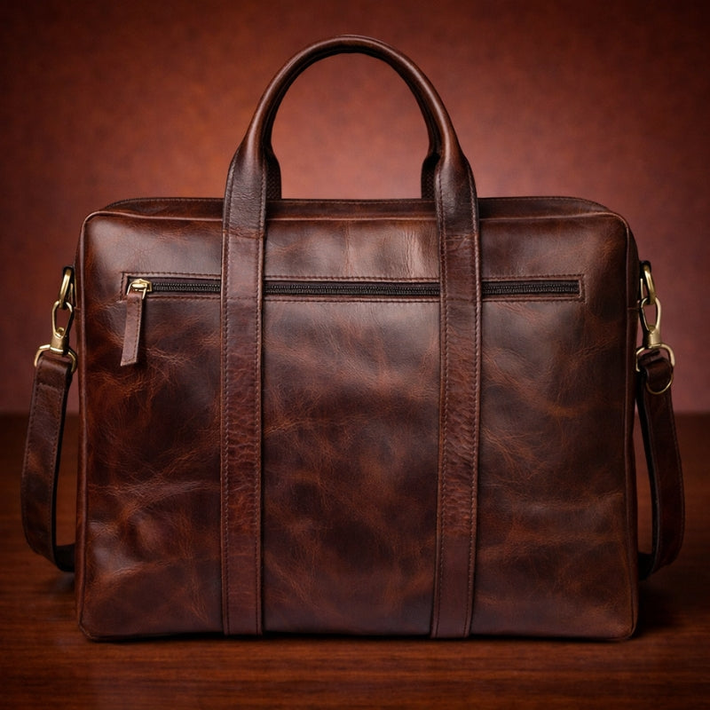 Brown leather briefcase on a wooden surface with a brown background