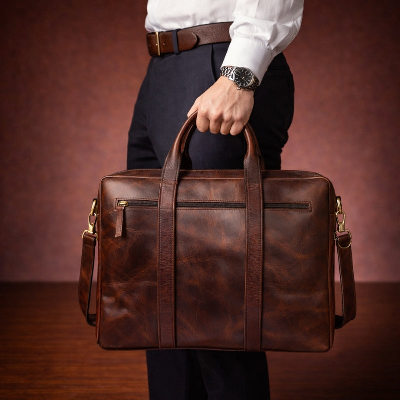 Brown leather briefcase held by a person against a brown background