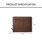 Brown leather file folder with dimensions on a white background