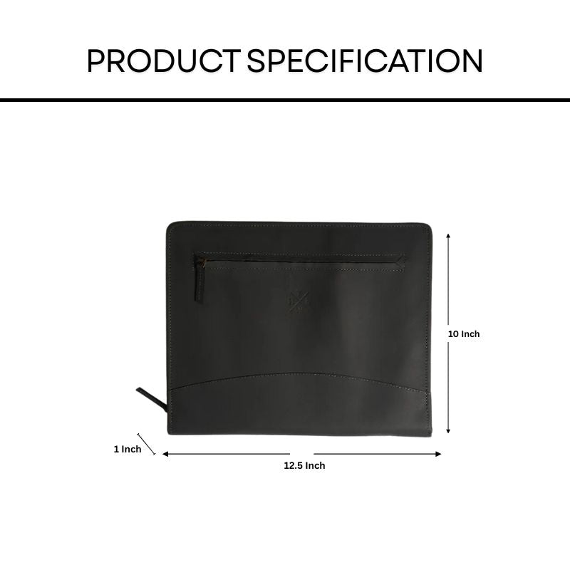 Black leather file folder with measurements on a white background