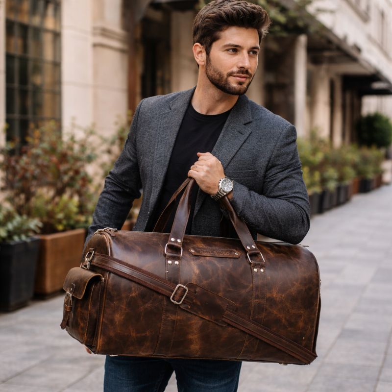 Man holding a brown leather duffel bag on a city street
