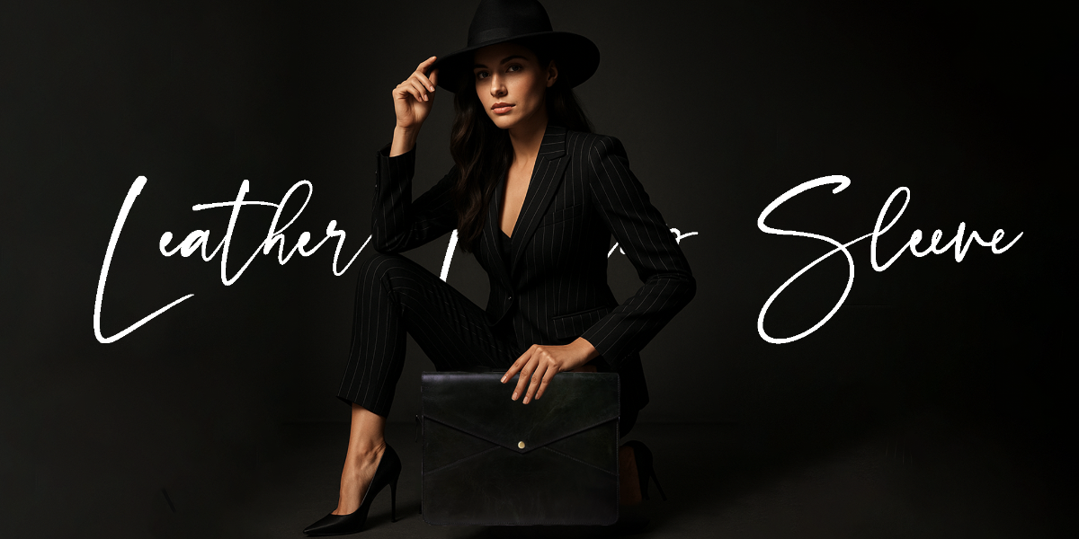 Woman in a black suit and hat holding a black clutch against a dark background with 'Leather or Sleeve' text.