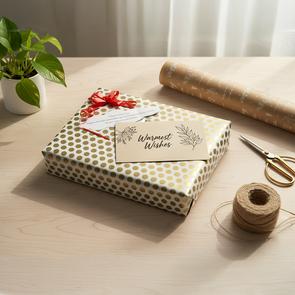 Gift box wrapped in polka dot paper with a red bow on a wooden table.