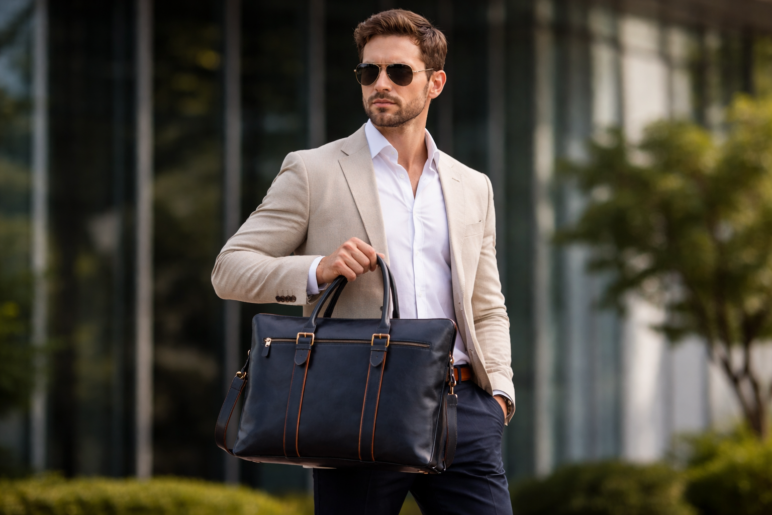 Man in a suit holding a black leather bag outdoors