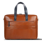 tan leather briefcase with blue handles on a white background