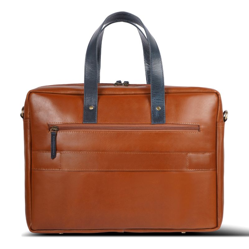 tan leather briefcase with blue handles on a white background