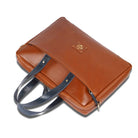 Tan leather briefcase with blue strap on a white background.