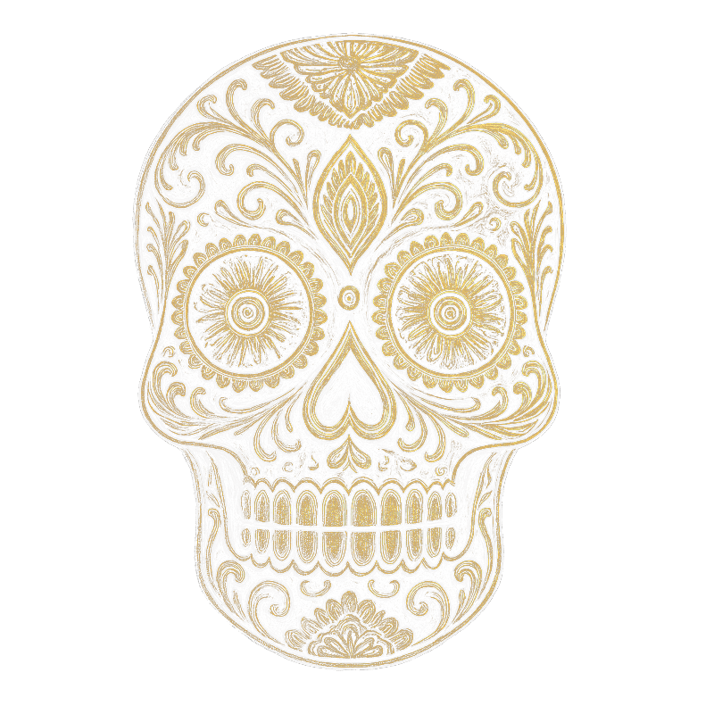 Decorative gold skull design on a white background