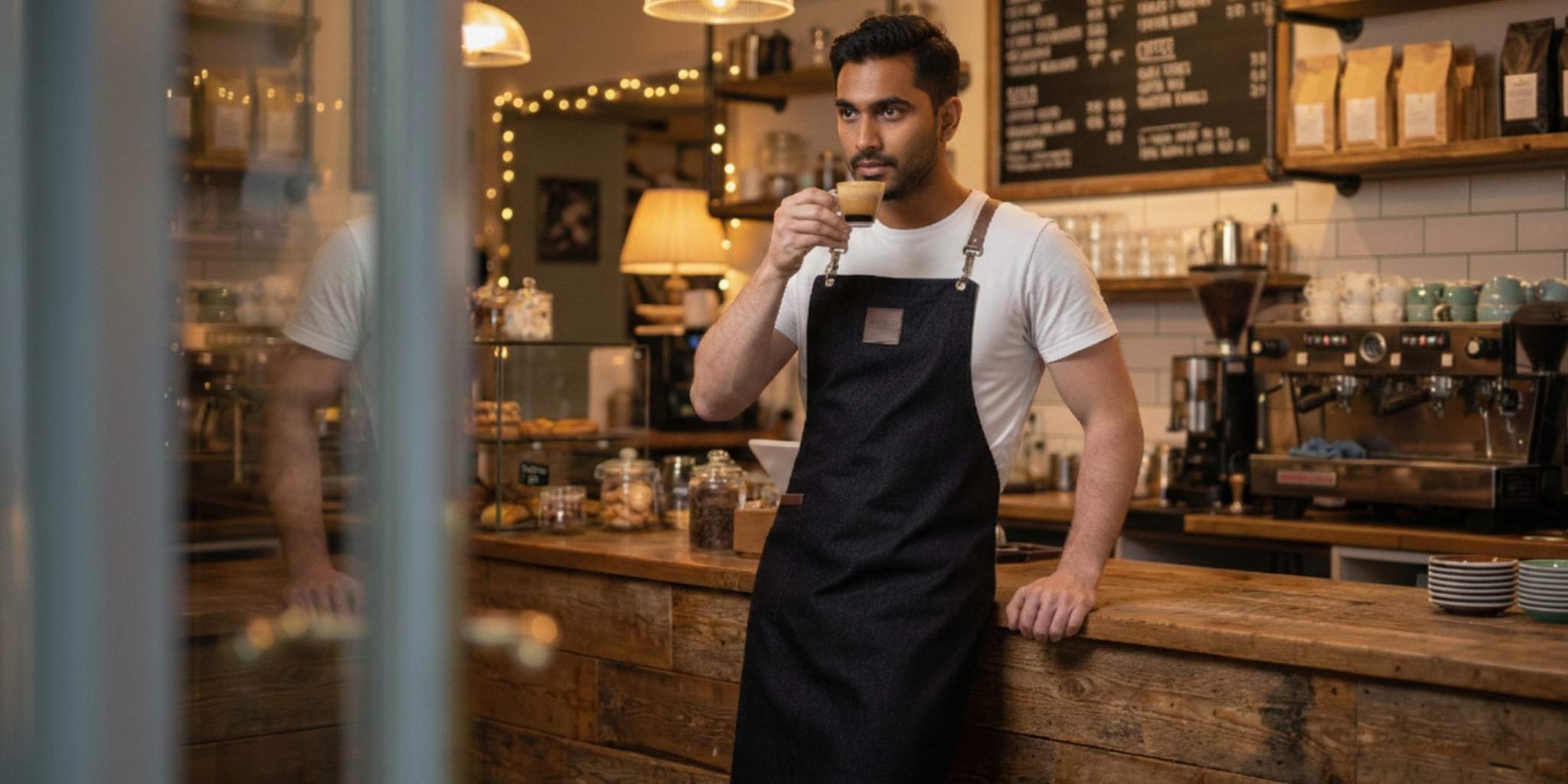 Barista drinking coffee in a coffee shop