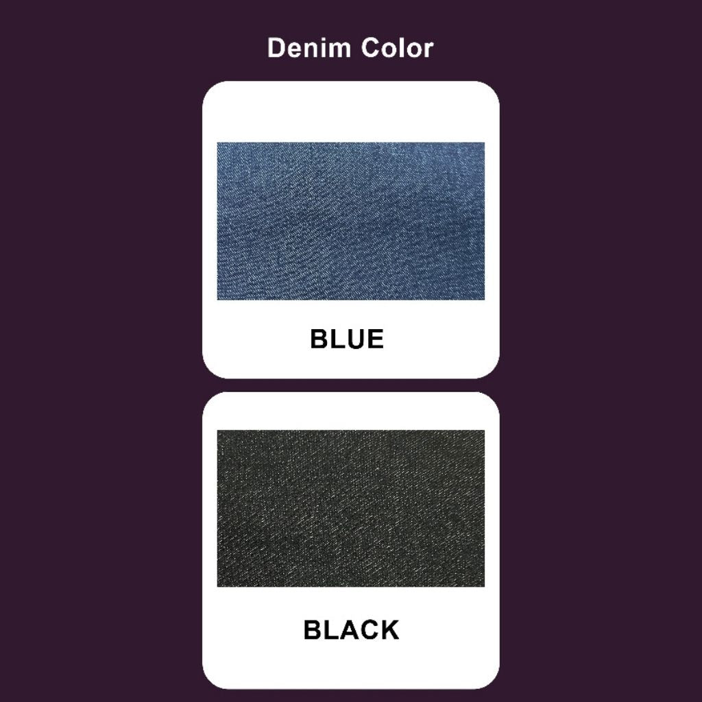 Denim fabric color options showing blue and black swatches for clothing or accessories selection.