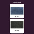 Denim fabric color options showing blue and black swatches for clothing or accessories selection.