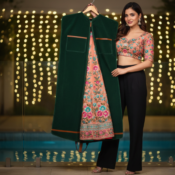 Woman holding a green embroidered dupatta with a blurred light background