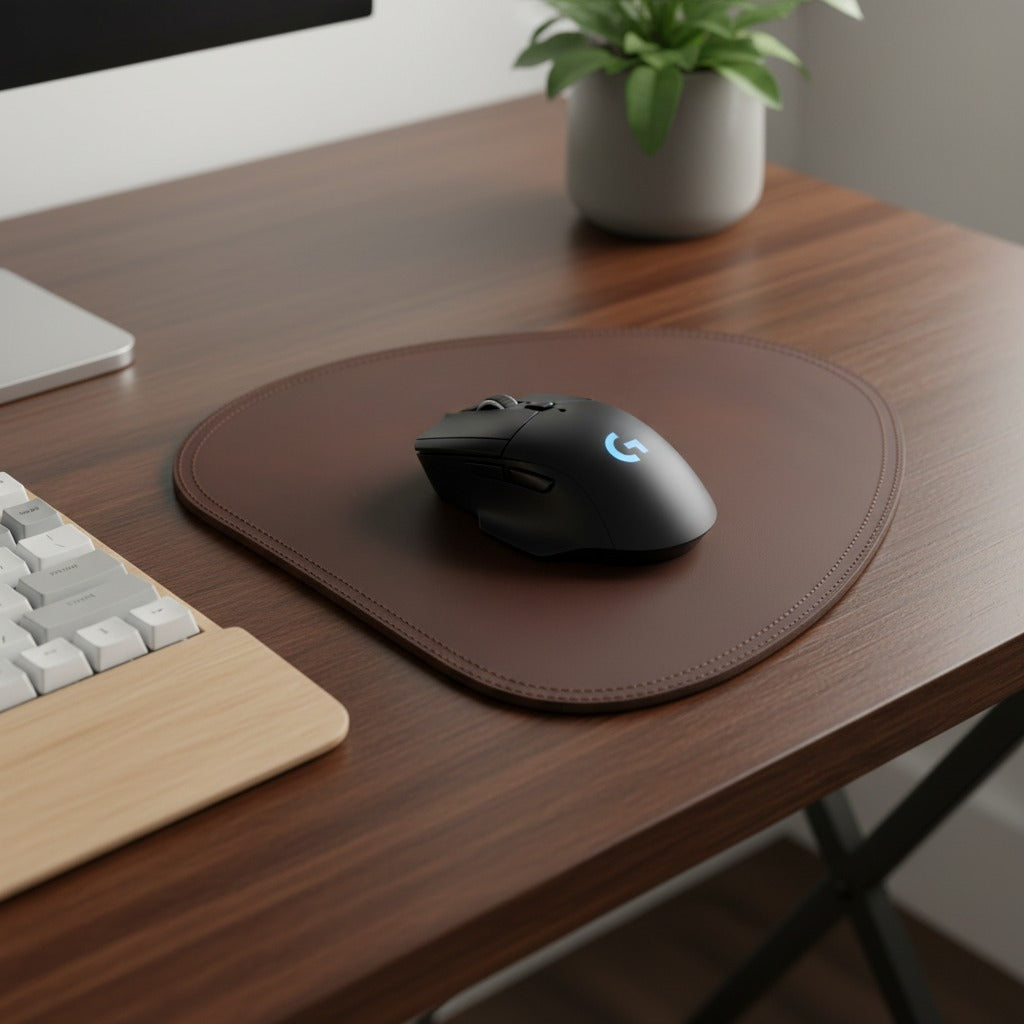 Black gaming mouse on a brown mouse pad with a plant and keyboard in the background