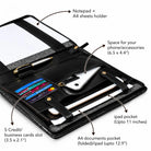 labeled features including notepad holder, card slots, phone pocket and tablet pocket