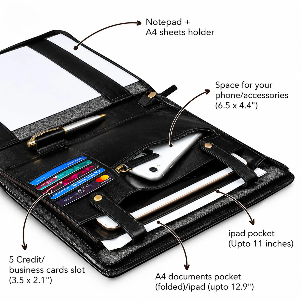 labeled features including notepad holder, card slots, phone pocket and tablet pocket