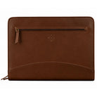 Executive A4 Leather Folder in brown, front view with zip pocket and embossed logo