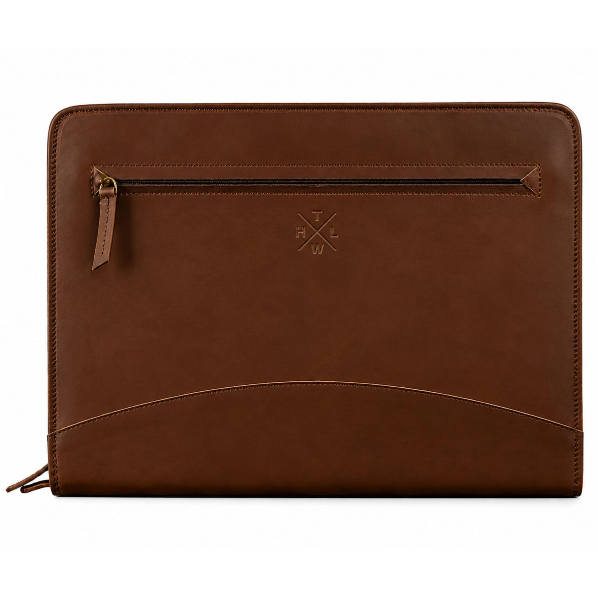 Executive A4 Leather Folder in brown, front view with zip pocket and embossed logo