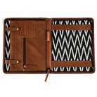 Executive A4 Leather Folder open with black and white chevron lining and organiser pockets