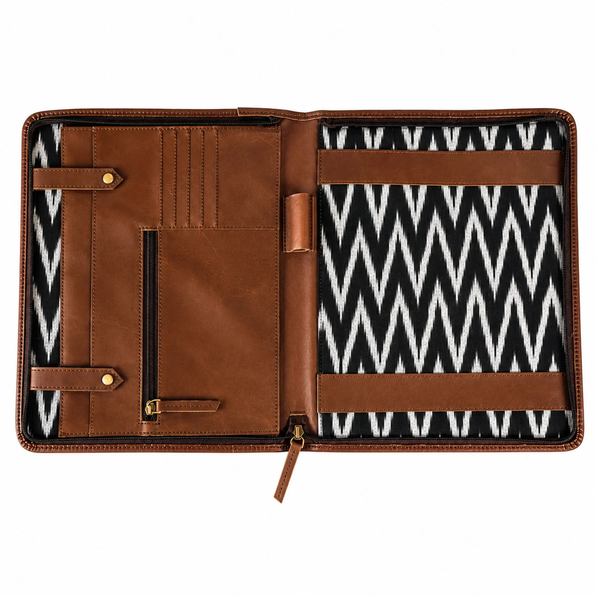 Executive A4 Leather Folder open with black and white chevron lining and organiser pockets