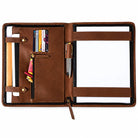 Executive A4 Leather Folder open, showing card slots, zip pocket, pen loop and A4 pad