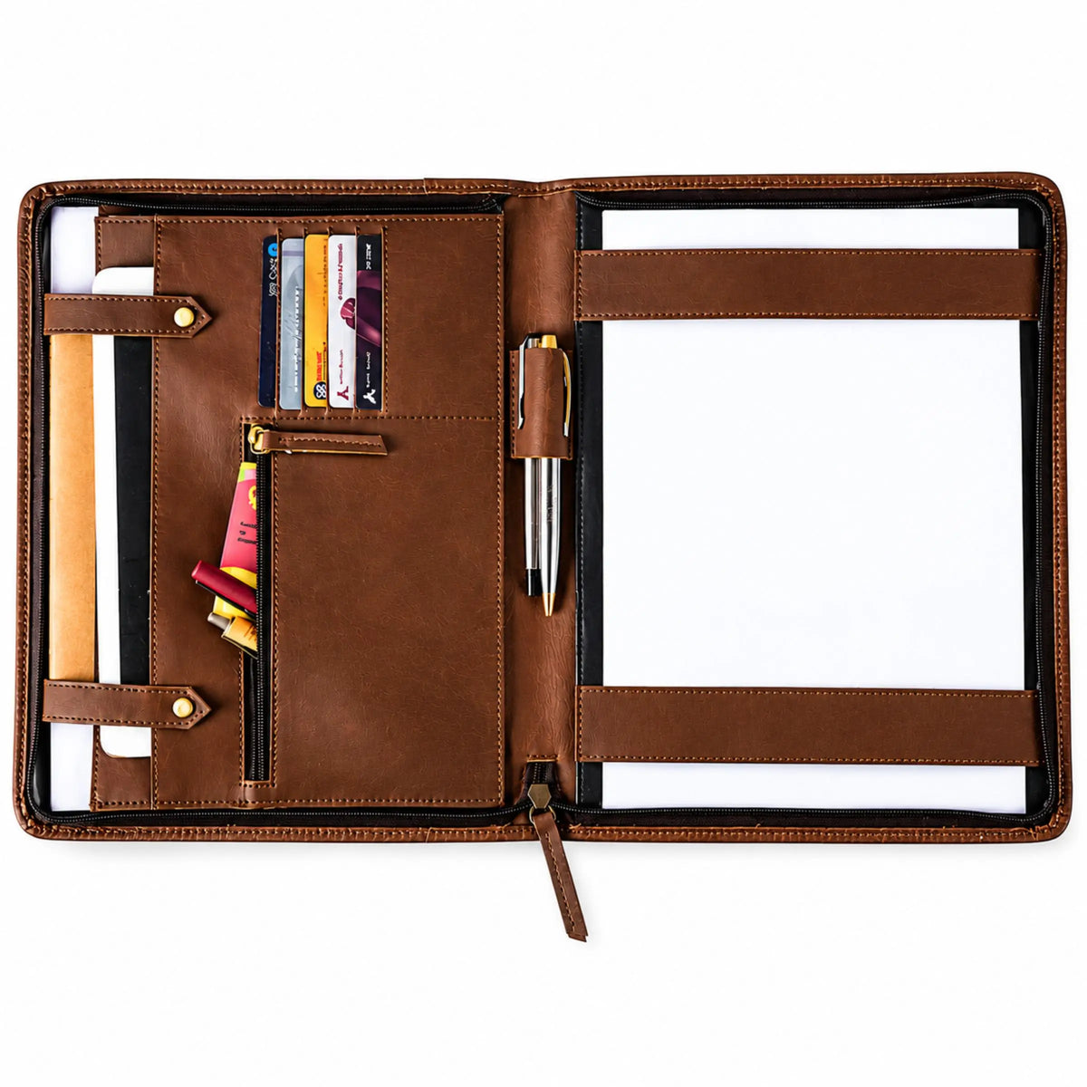 Executive A4 Leather Folder open, showing card slots, zip pocket, pen loop and A4 pad