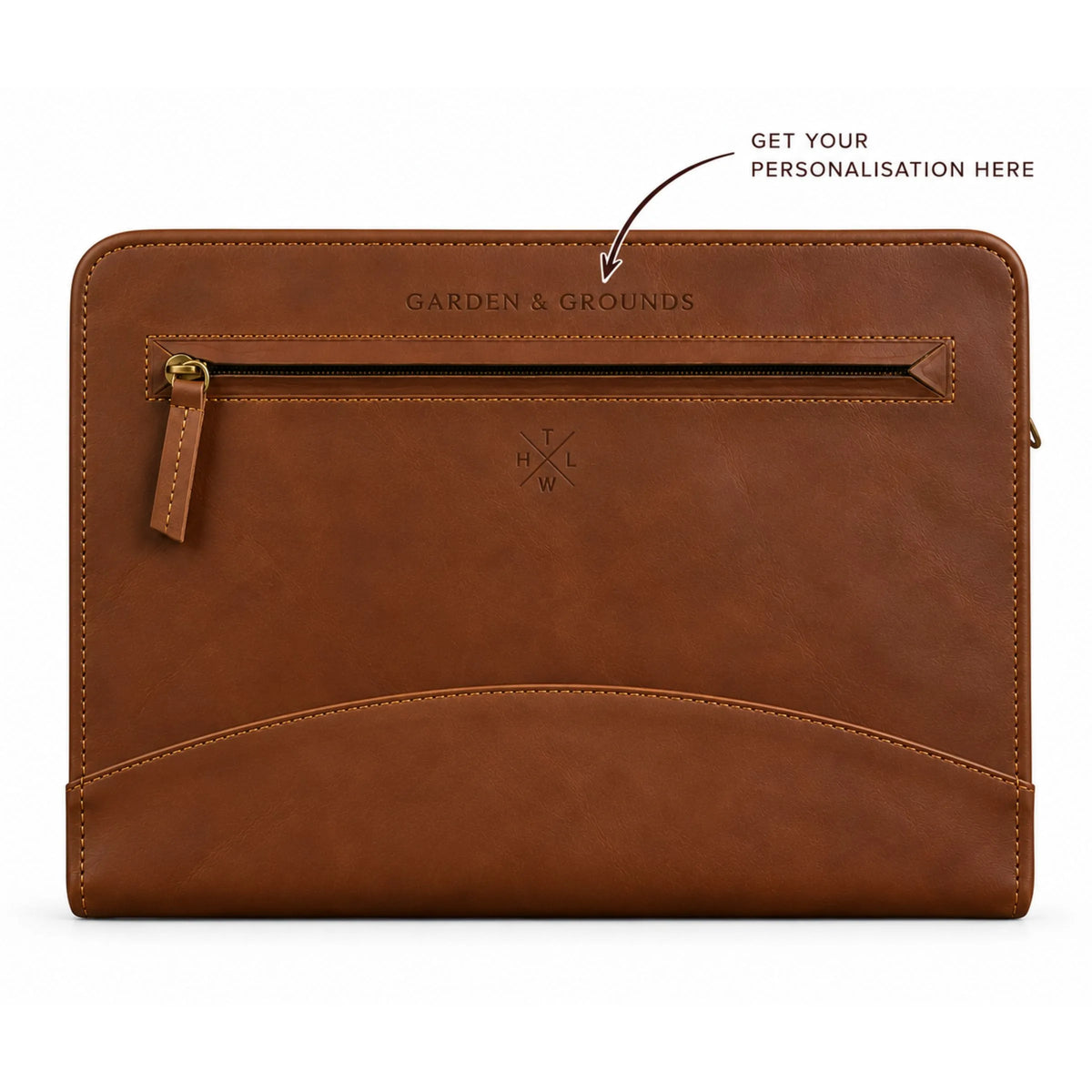 Executive A4 Leather Folder in tan with custom “Garden & Grounds” embossed personalisation
