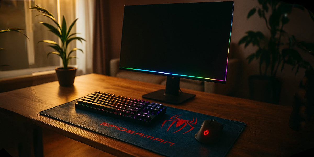 Gaming setup with monitor, keyboard, and mouse on a desk in a dimly lit room.