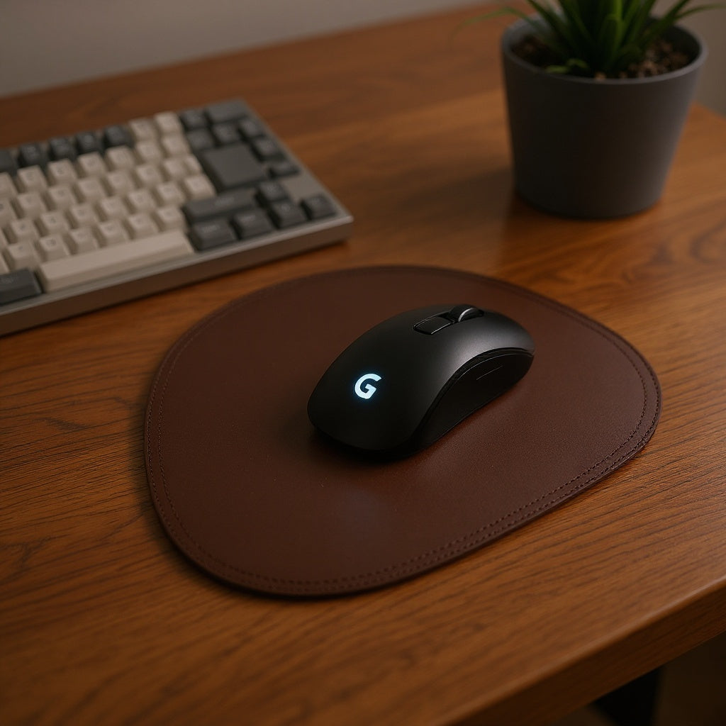 Black gaming mouse on a brown mouse pad with a keyboard and plant in the background on a wooden desk.