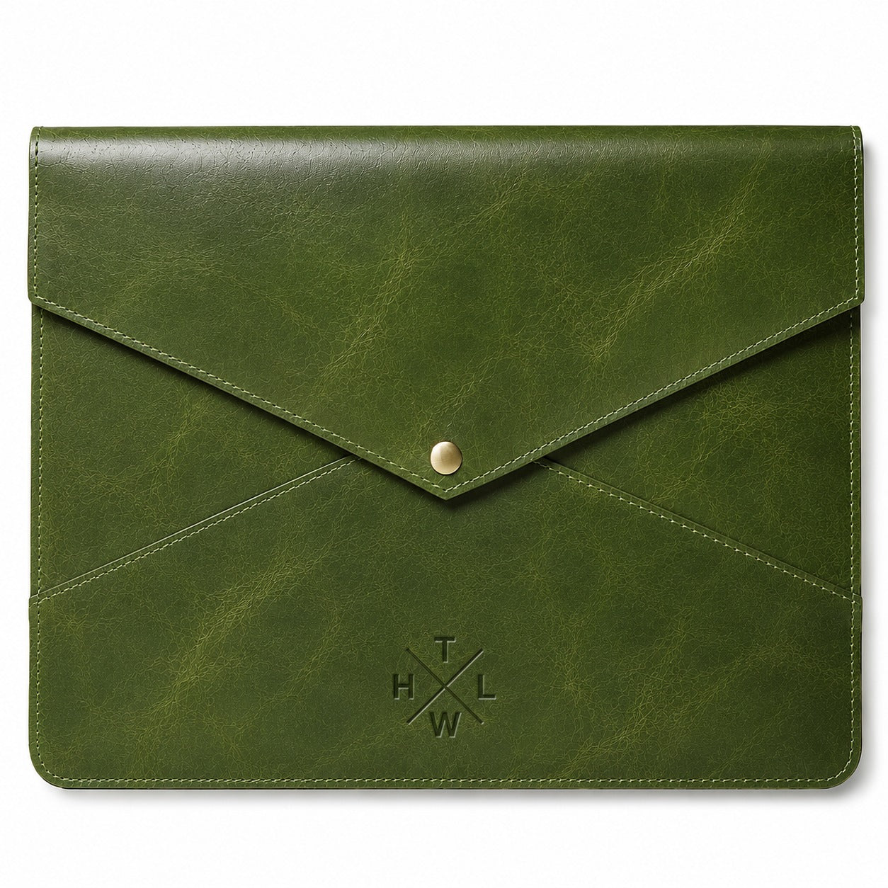An olive green leather envelope-style pouch with a gold snap button closure and an embossed cross logo on the front, shown against a plain white background.