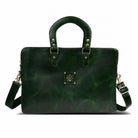 Green leather laptop bag with gold accents on a white background