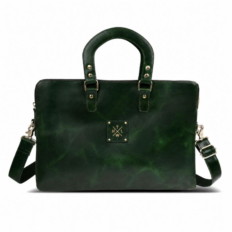 Green leather laptop bag with gold accents on a white background