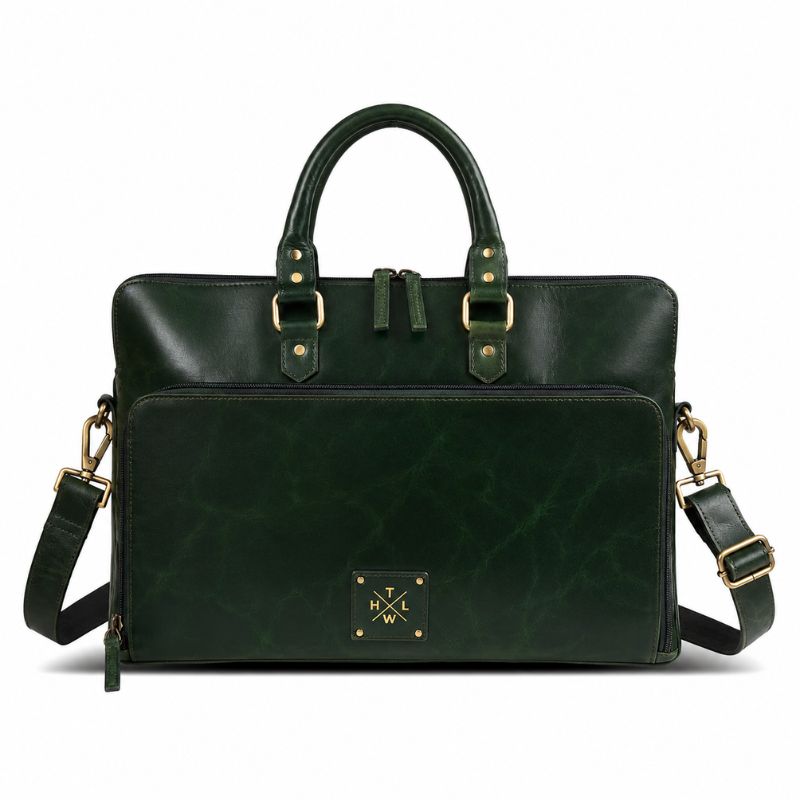 Green leather laptop bag  with gold accents on a white background