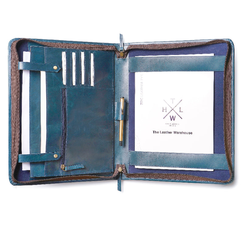 blue leather file folder