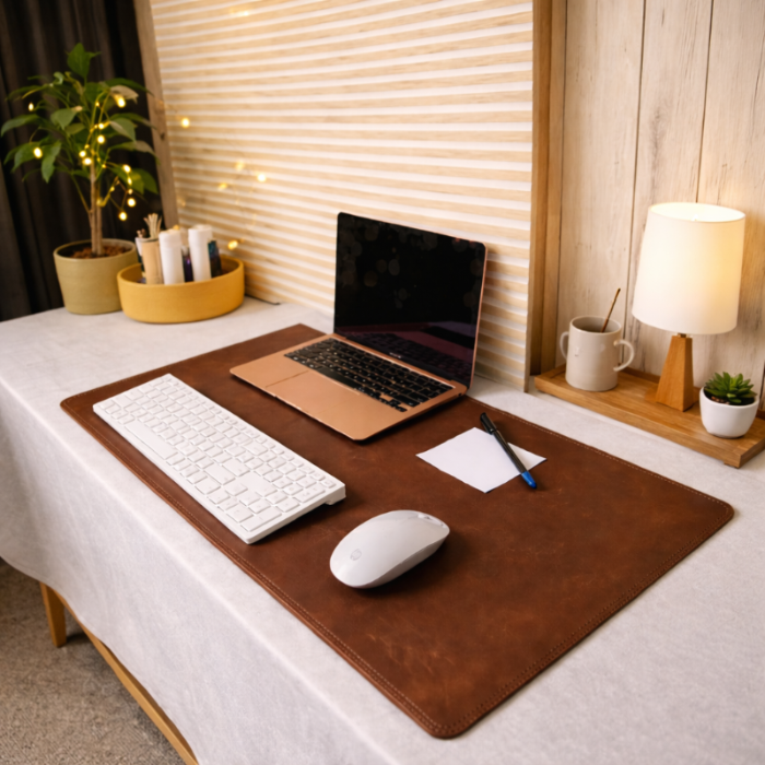 Home office setup with laptop, keyboard, mouse on a large brown leather desk pad.