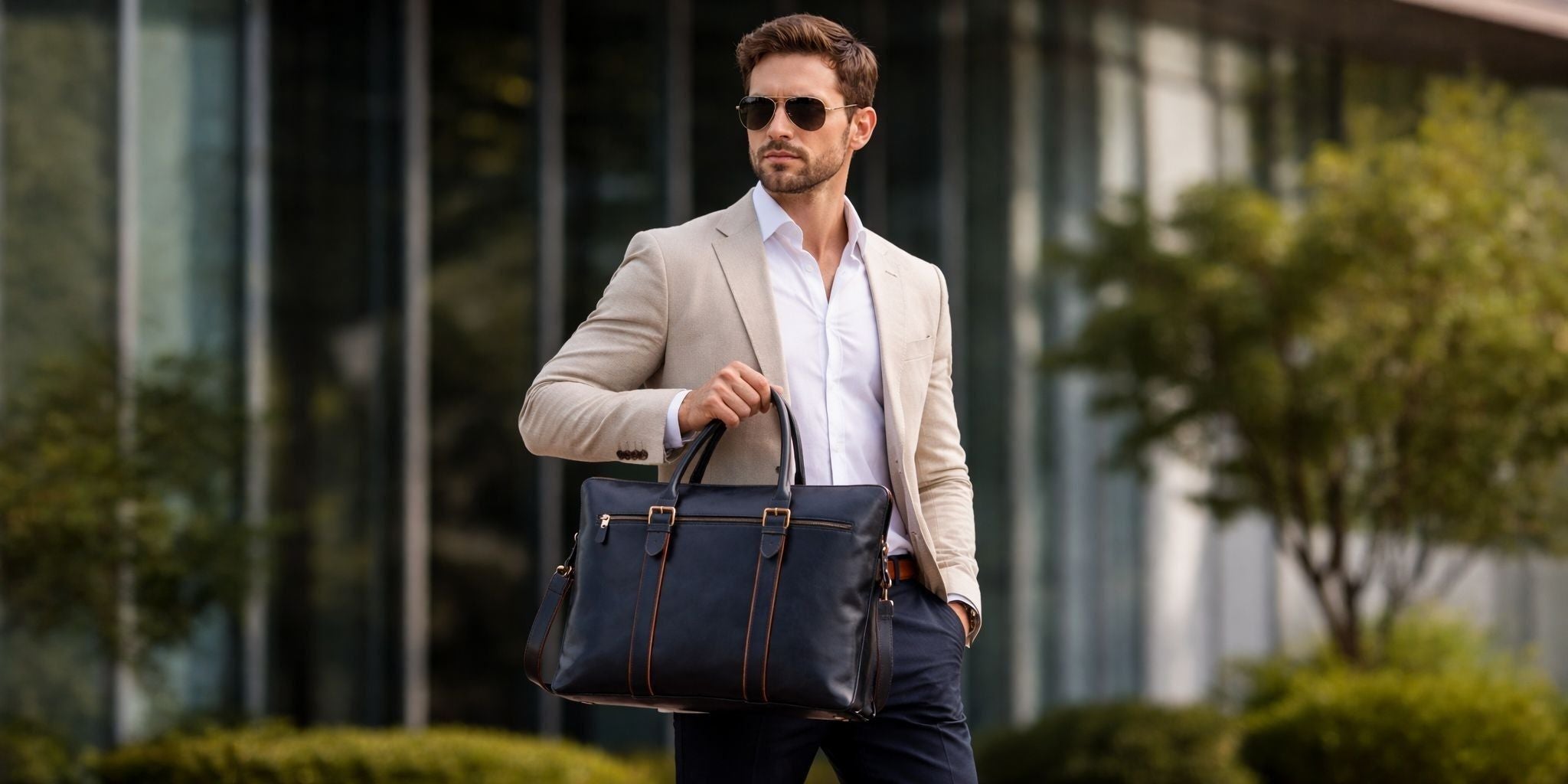 Man holding a leather laptop bag outdoors with a blurred background